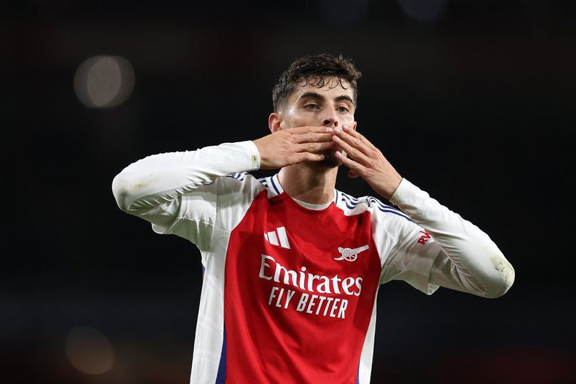 Selebrasi Kai Havertz dalam laga Liga Champions antara Arsenal vs PSG, Rabu (2/10/2024). Info Main Bola Kai Havertz Dinilai Belum Berkembang Signfikan Setelah Gabung Arsenal