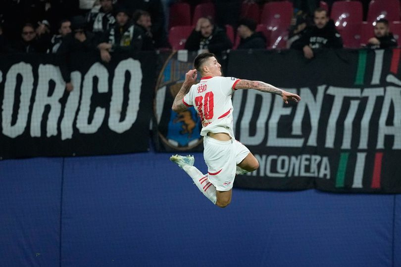 elebrasi Benjamin Sesko dalam laga Liga Champions antara RB Leipzig vs Juventus, Kamis (3/10/2024). info main bola Benjamin Sesko Diincar Arsenal, Bos RB Leipzig: Maaf, Gak Dulu!