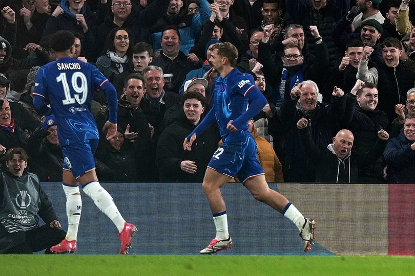 Selebrasi Kiernan Dewsbury-Hall dalam laga UEFA Conference League antara Chelsea vs FC Copenhagen, Jumat (14/3/2025). info main bola Bagan Babak 8 Besar UEFA Conference League 2024/2025: Siapa Lawan Siapa?