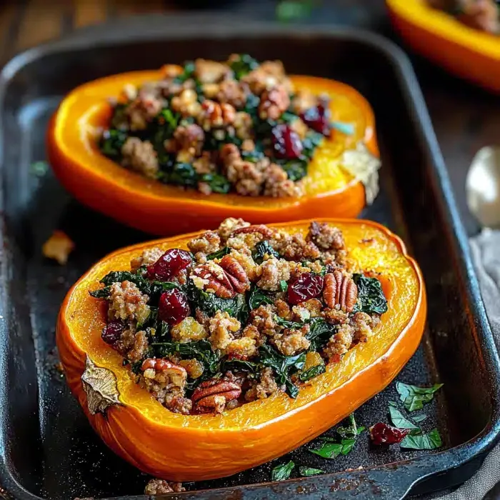 Sausage Stuffed Butternut Squash with Spinach