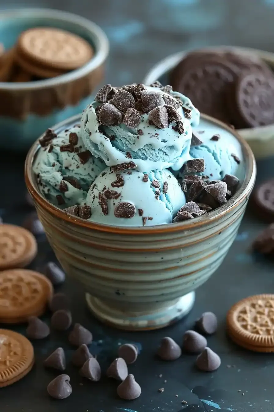 Blue cookie monster ice cream in a bowl with cookie pieces and chocolate chips