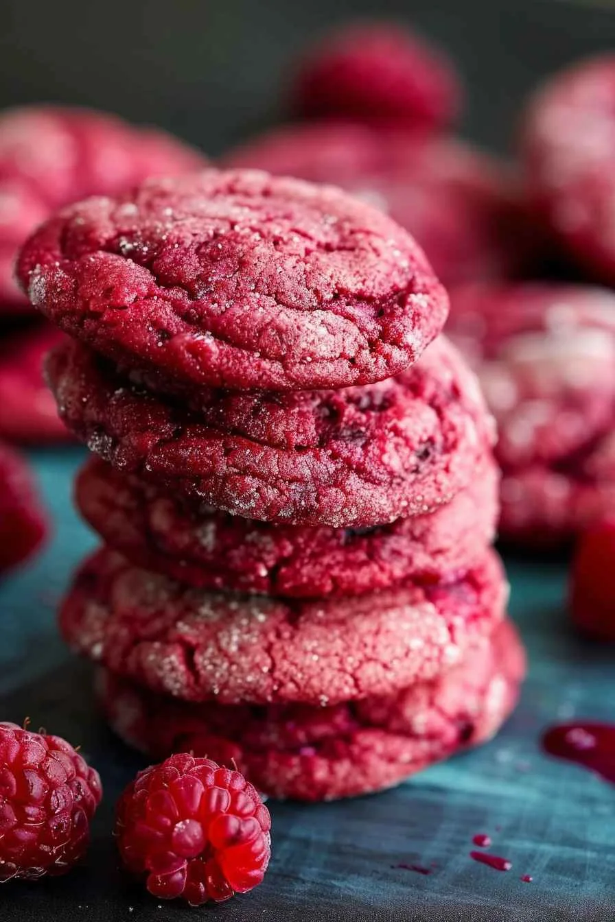 Close-up of a delightful raspberry cookie with visible raspberry pieces and a soft, chewy texture.
