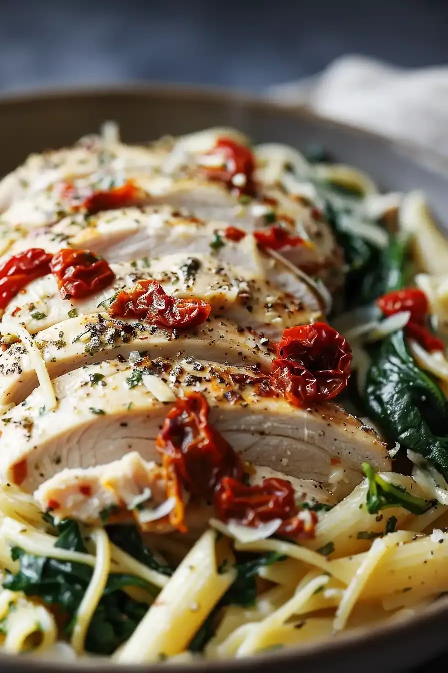 Slow cooker chicken pasta in a bowl with garnishes