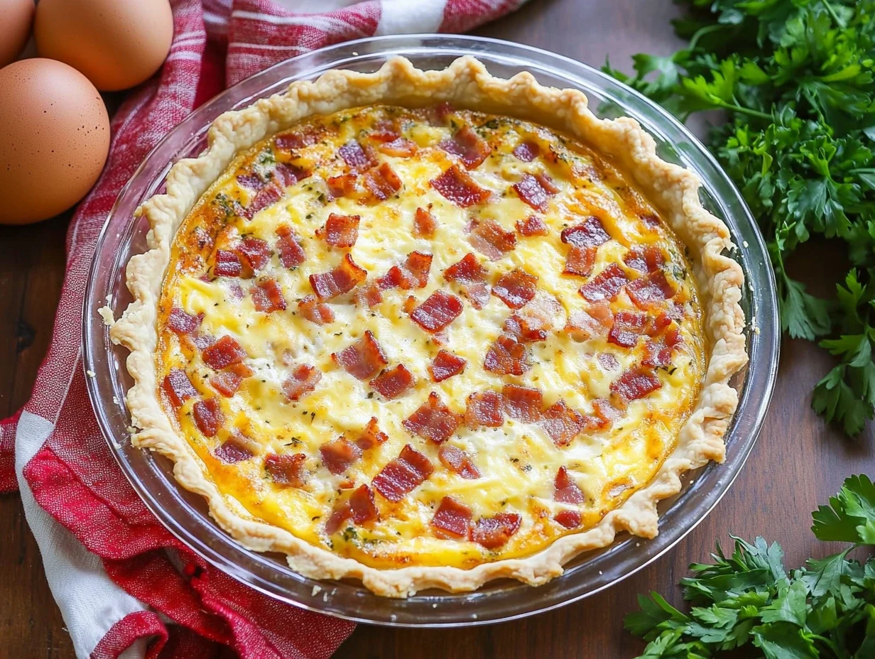 A delicious slice of bacon and cheese quiche on a plate, ready to be served.