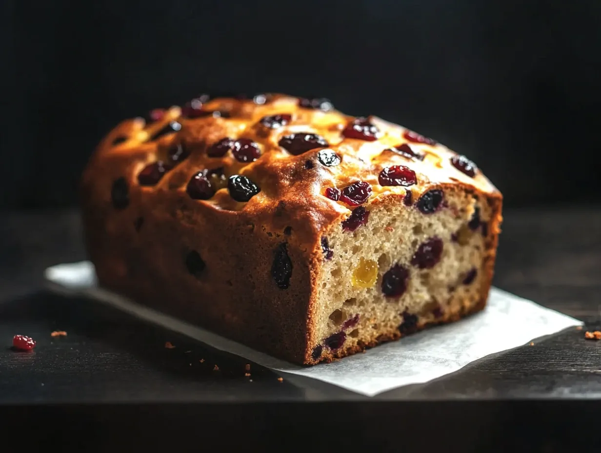 Close-up of a delicious fruit bread loaf sliced, showing plump berries and a golden crust.