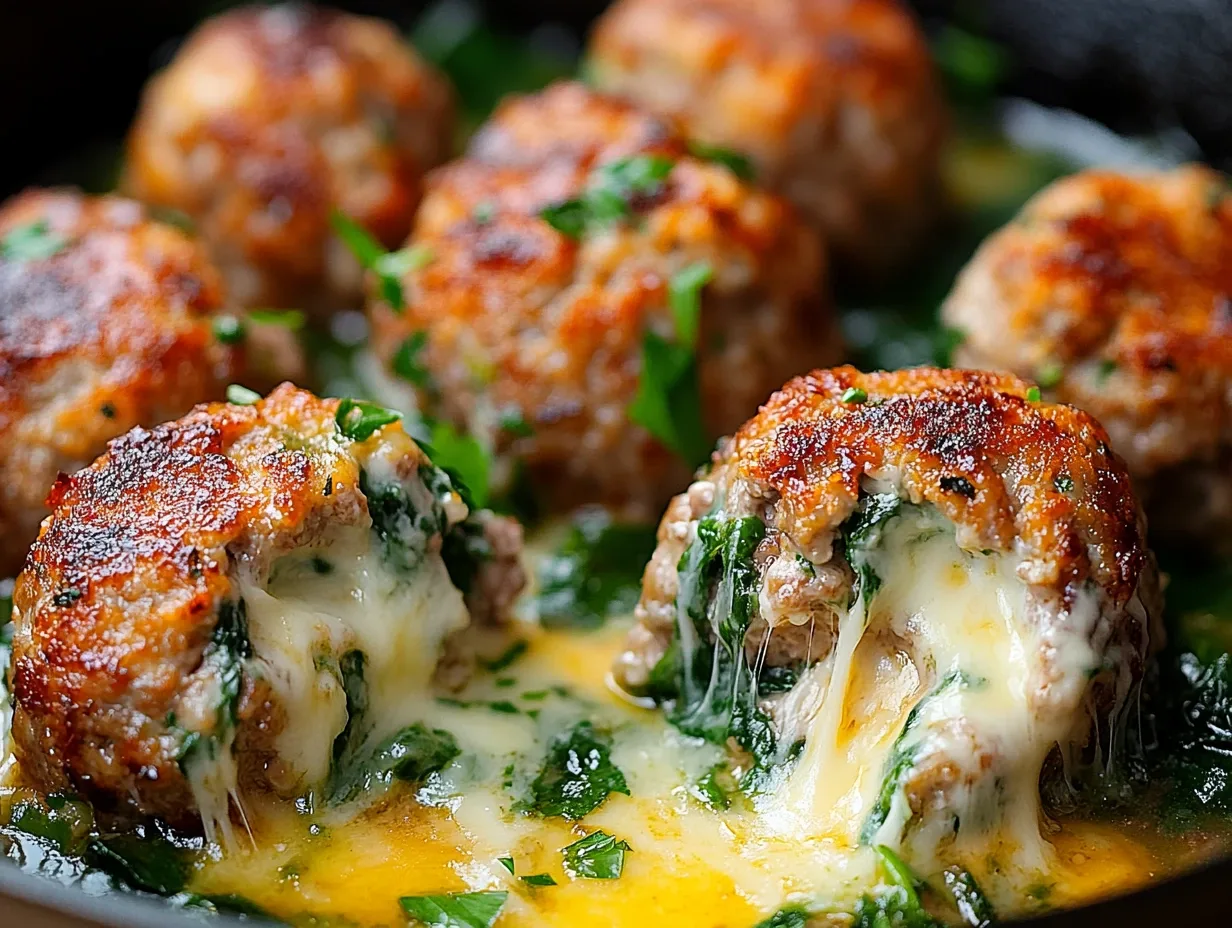 Mozzarella Stuffed Turkey Meatballs on a plate with marinara sauce and parsley garnish