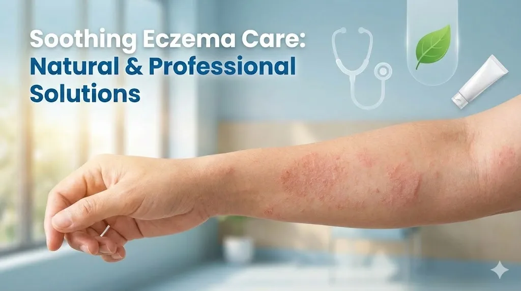 Eczema symptoms and treatment showing skin inflammation, dryness and redness