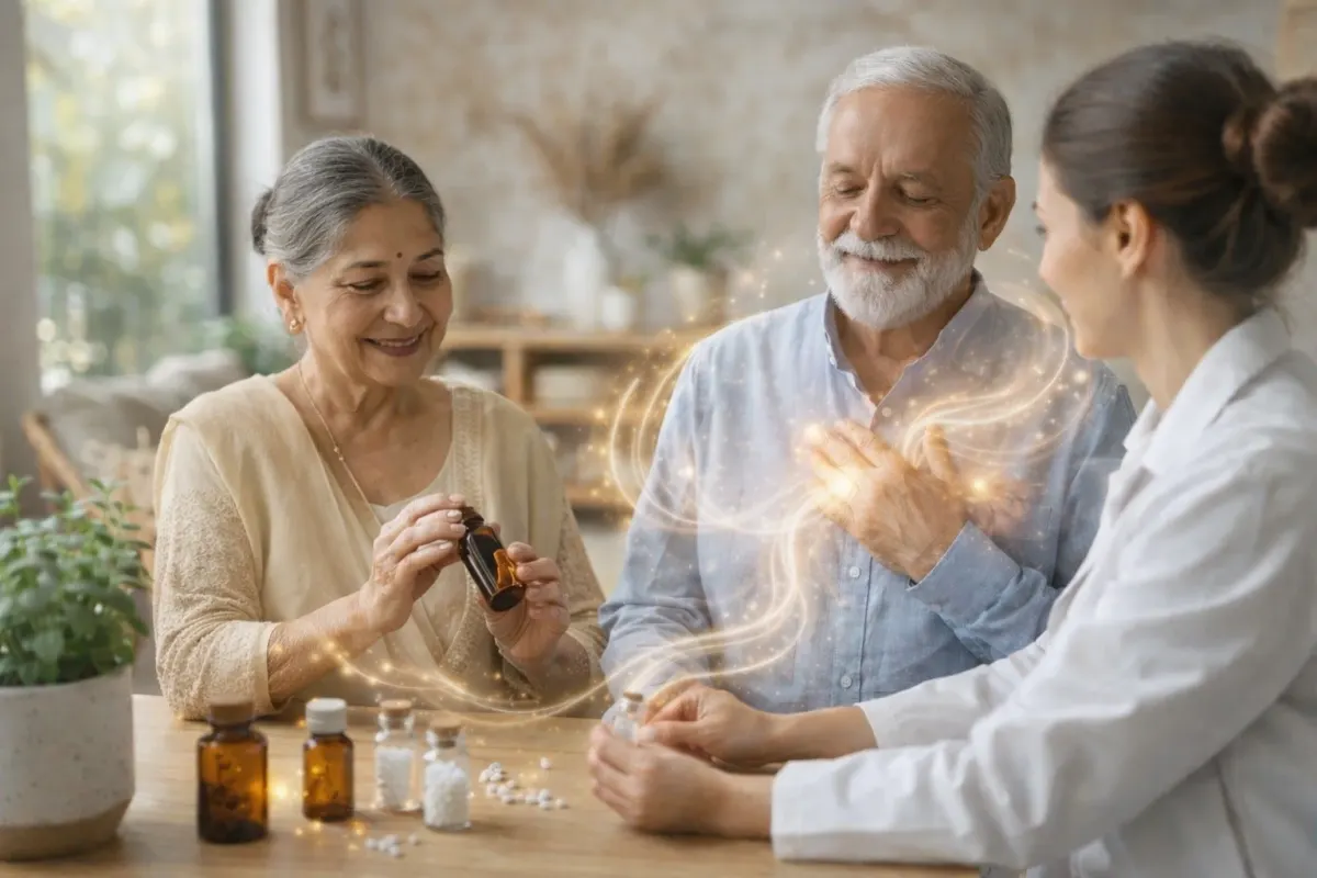 Indian elderly couple consulting a homeopathy doctor for gentle treatment of age-related conditions.