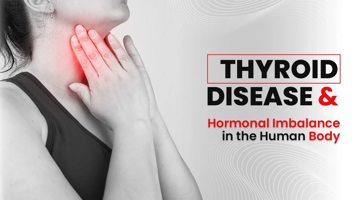 An illustration showing the location of the thyroid gland and the symptoms of common thyroid diseases.