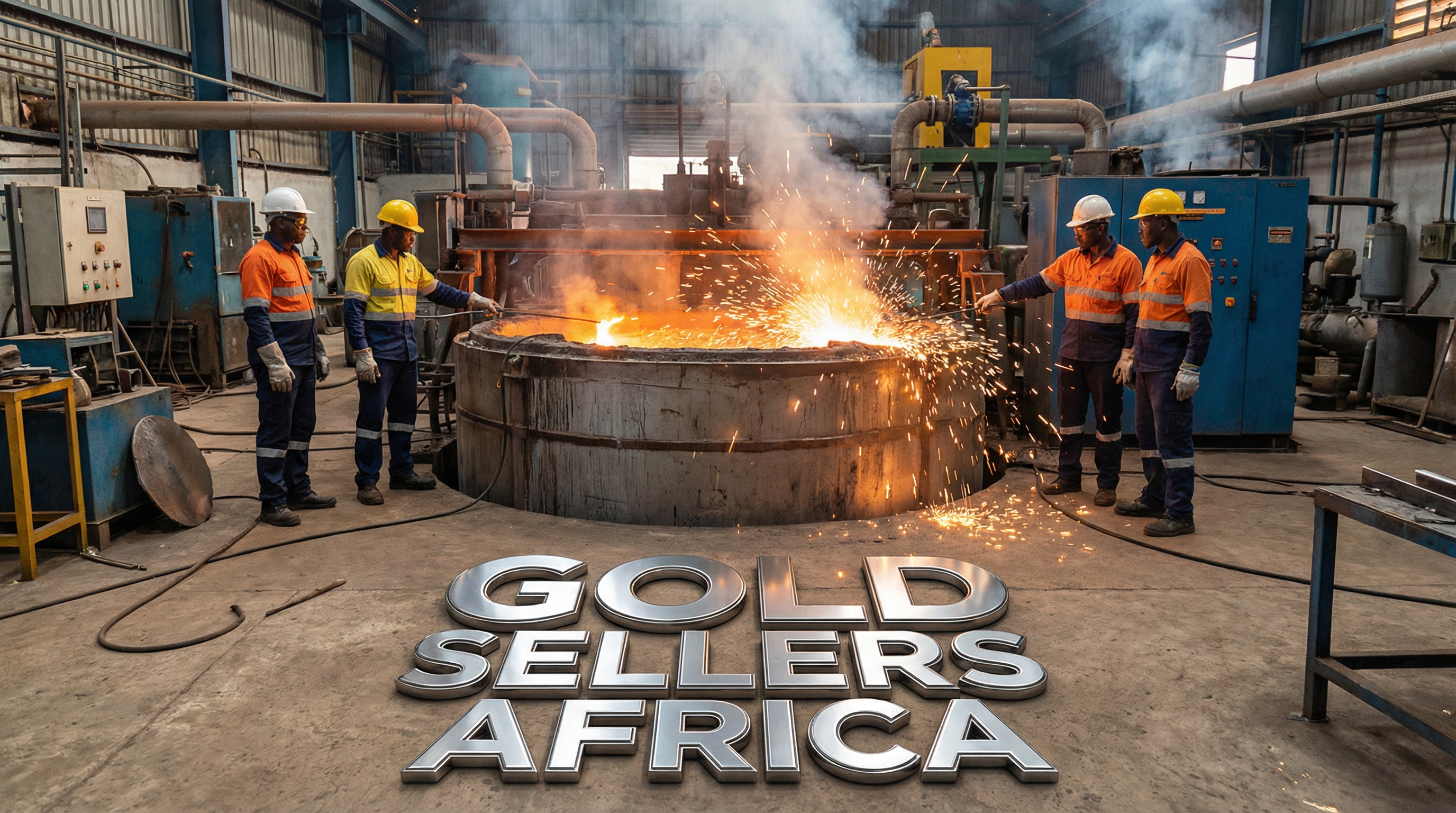 African engineers overseeing gold electrolysis process with sparks and glowing metal in Mali refinery