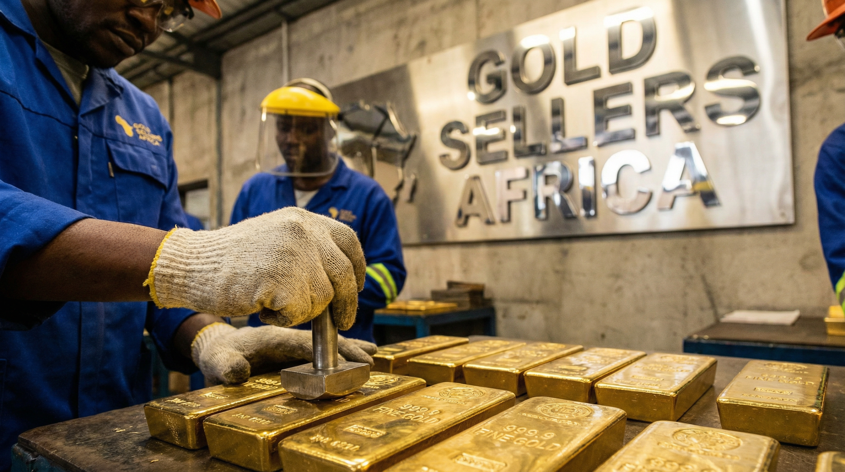 Refined gold bars being stamped with purity marks by African workers in a Kenyan refinery