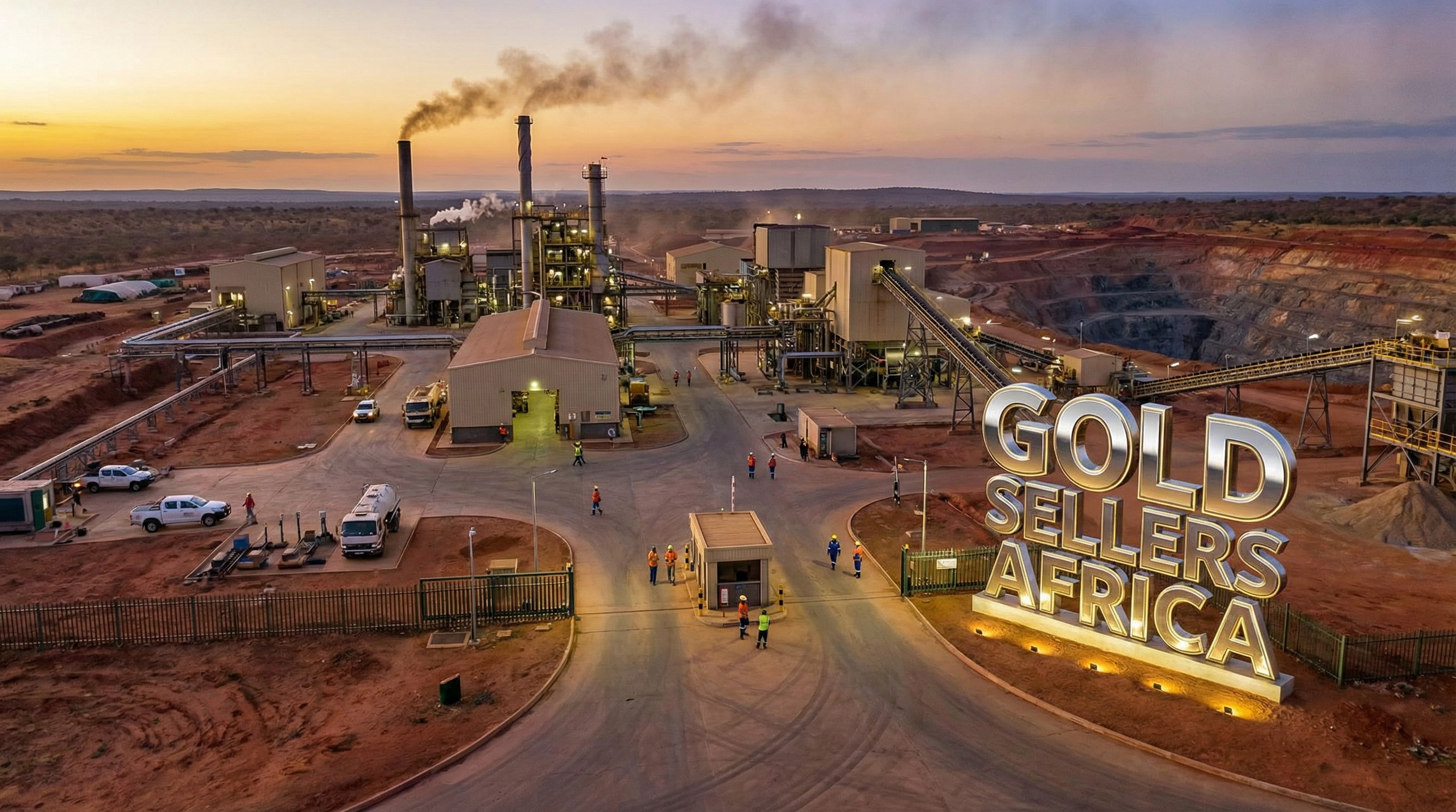 Aerial view of a gold refining plant in Zambia at dusk with African workers moving between facilities