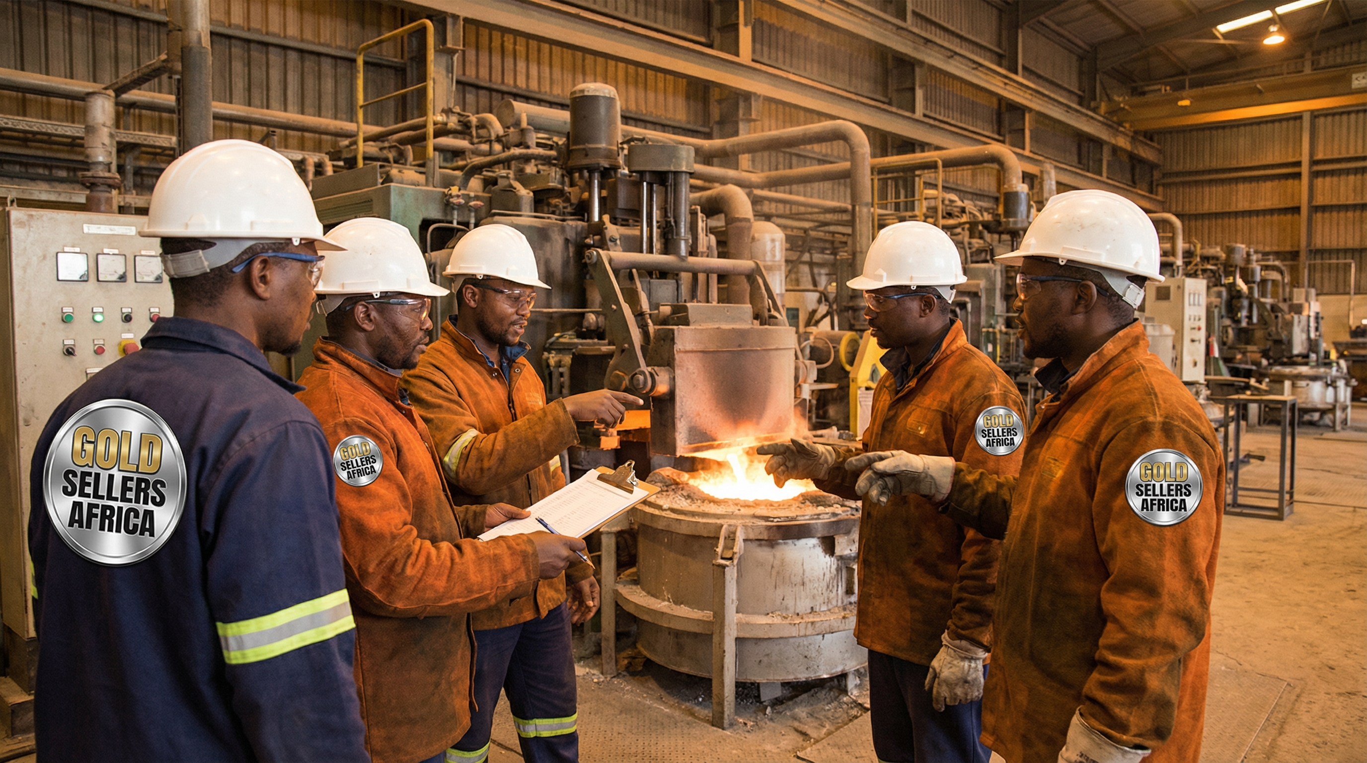 African refinery workers in Botswana discussing quality control near a large melting furnace