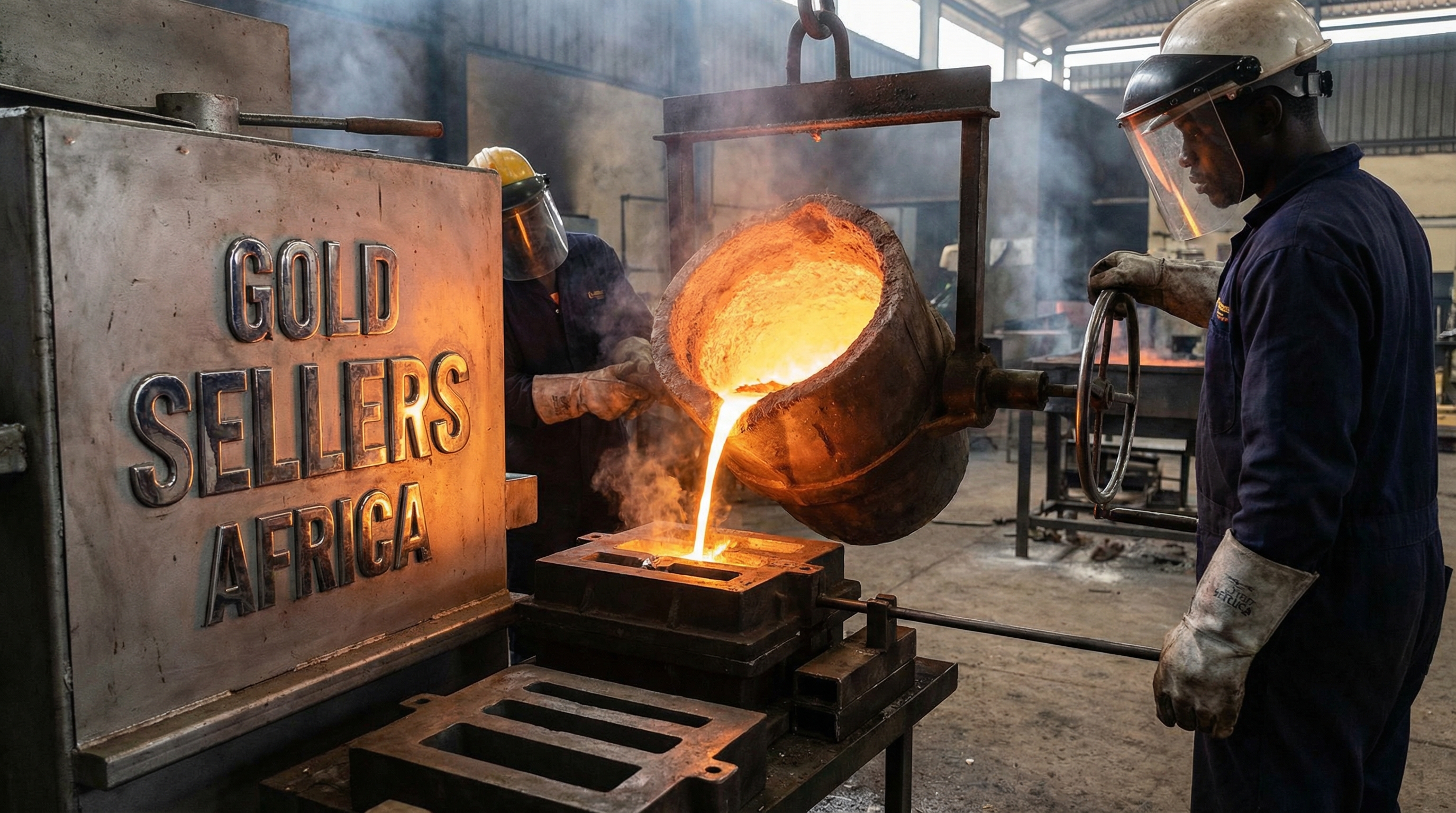 Molten gold being poured into a casting machine in a Ugandan refinery operated by African technicians