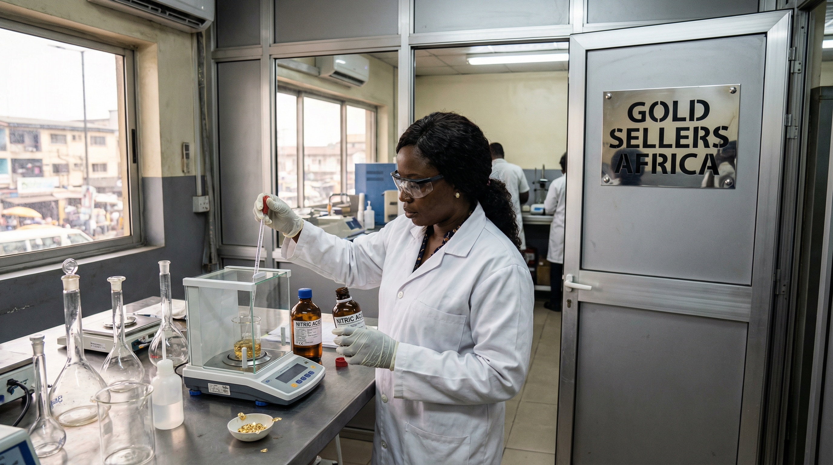 African chemist in Nigeria performing acid assay test on gold in a refinery laboratory