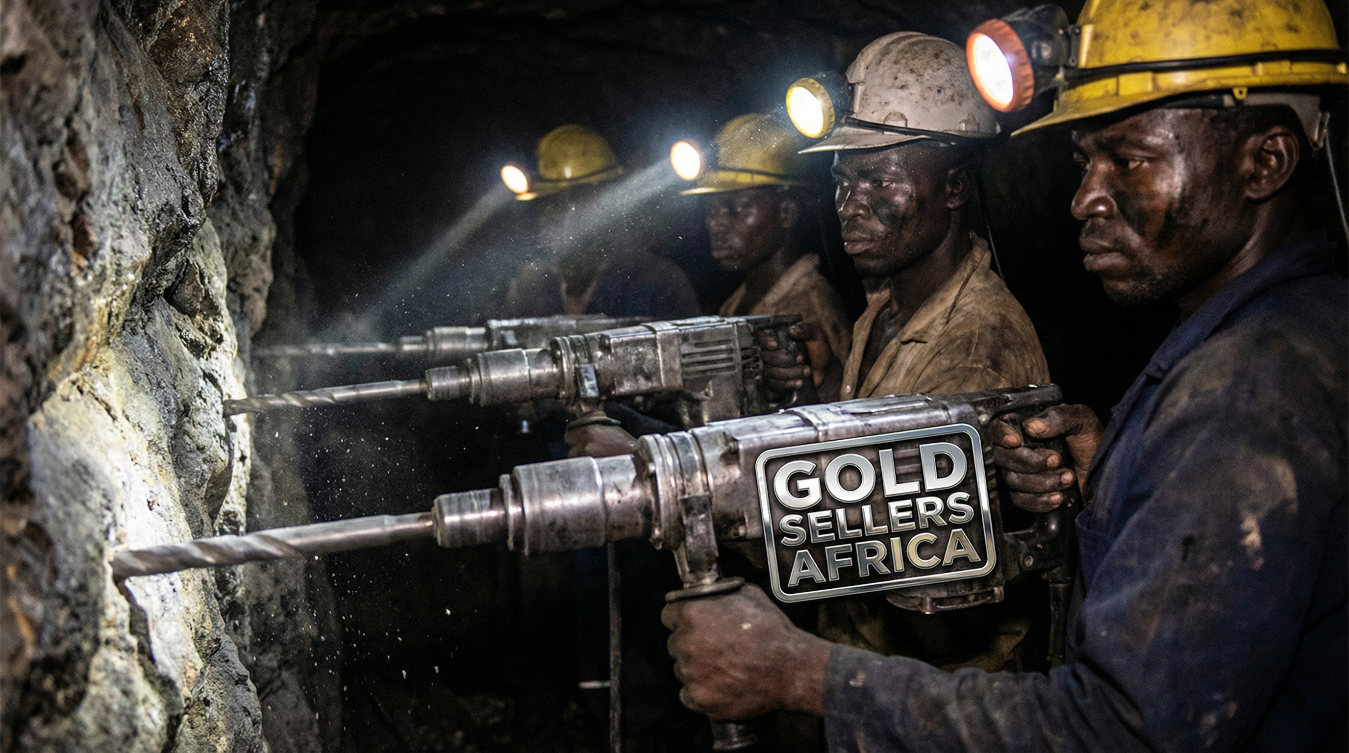 African miners drilling into rock faces in an underground gold mine in Ghana with helmet lights