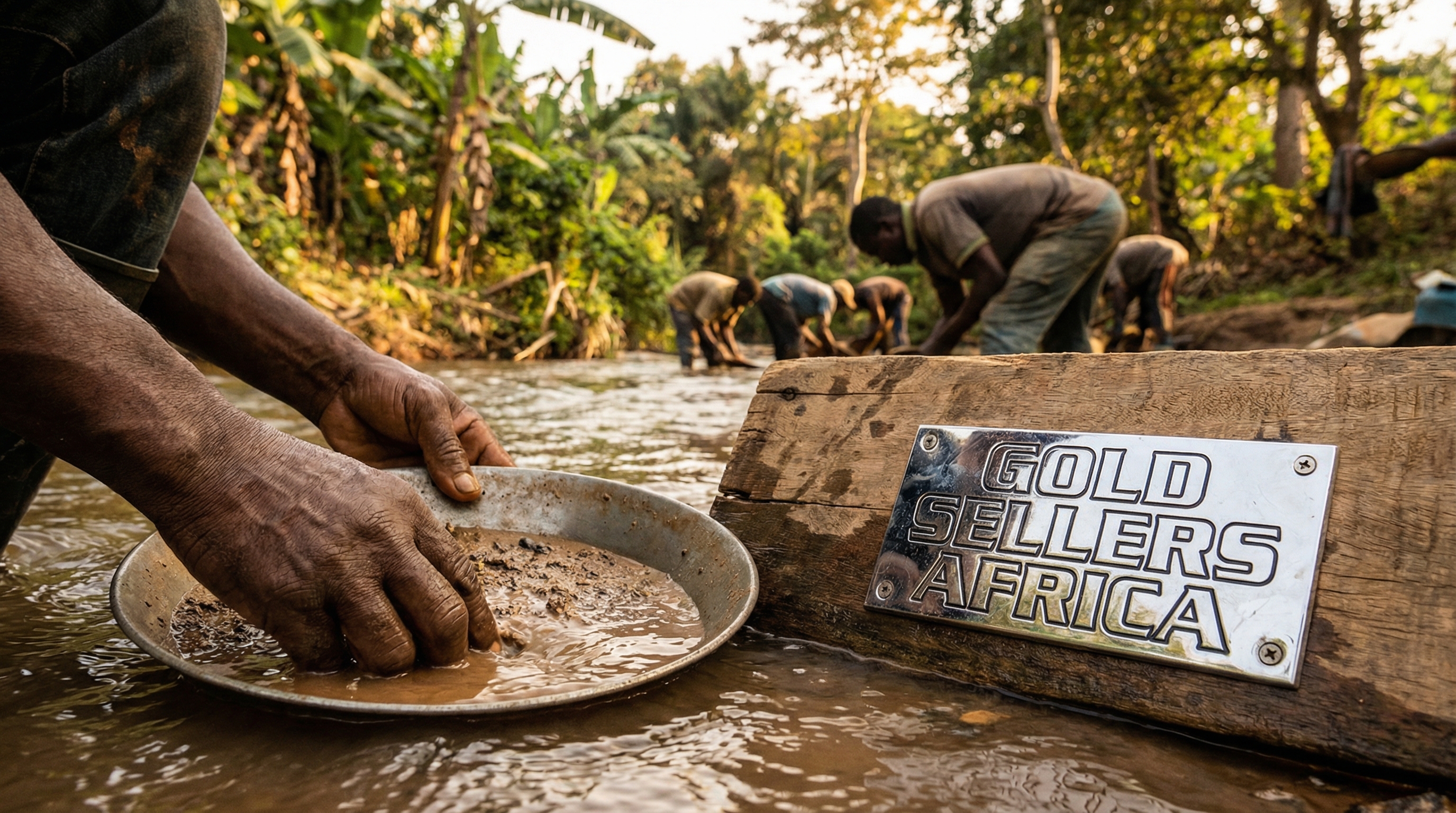 Artisanal African miners panning for gold in a river in Tanzania surrounded by lush greenery