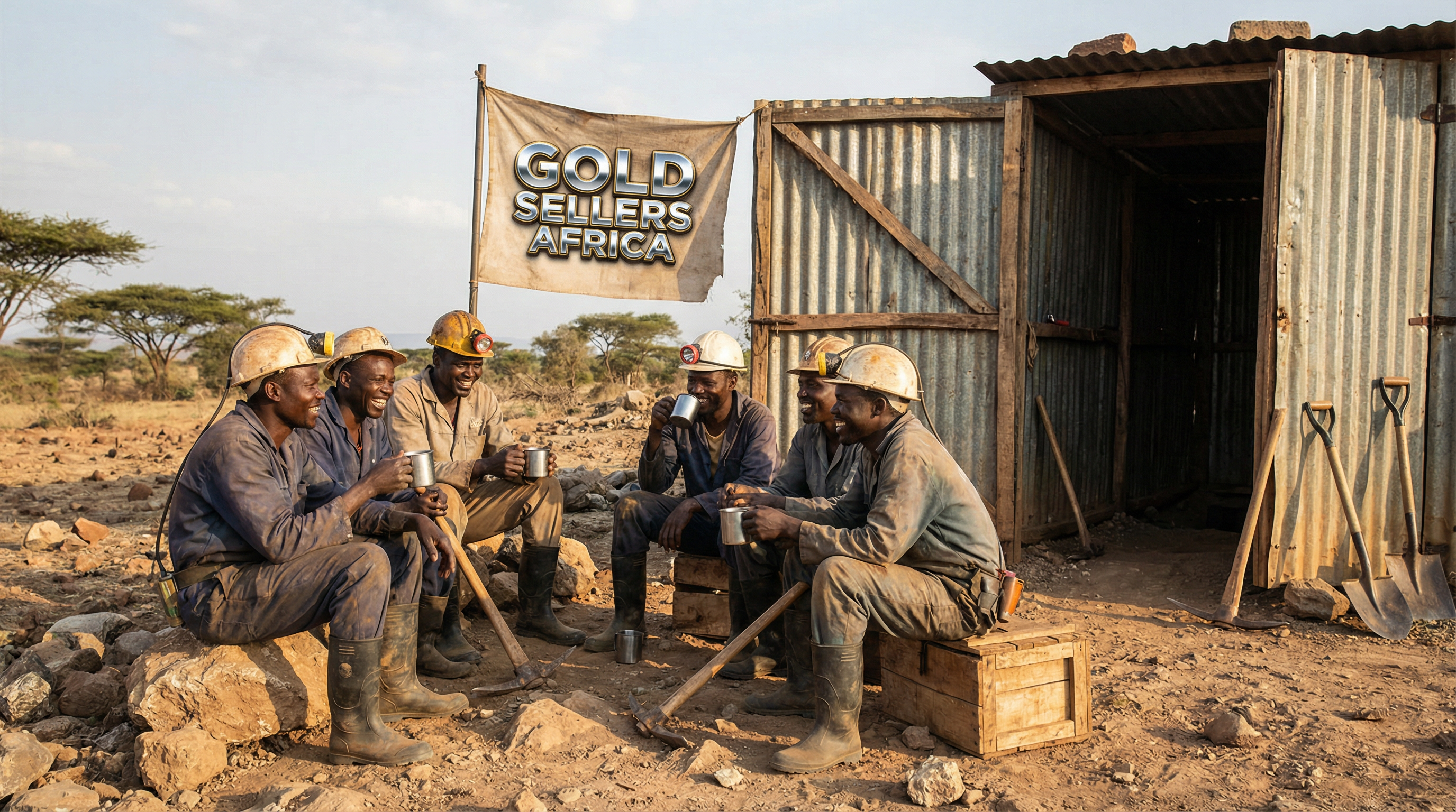 African miners taking a break outside a mine shaft in Kenya wearing hard hats and holding tools