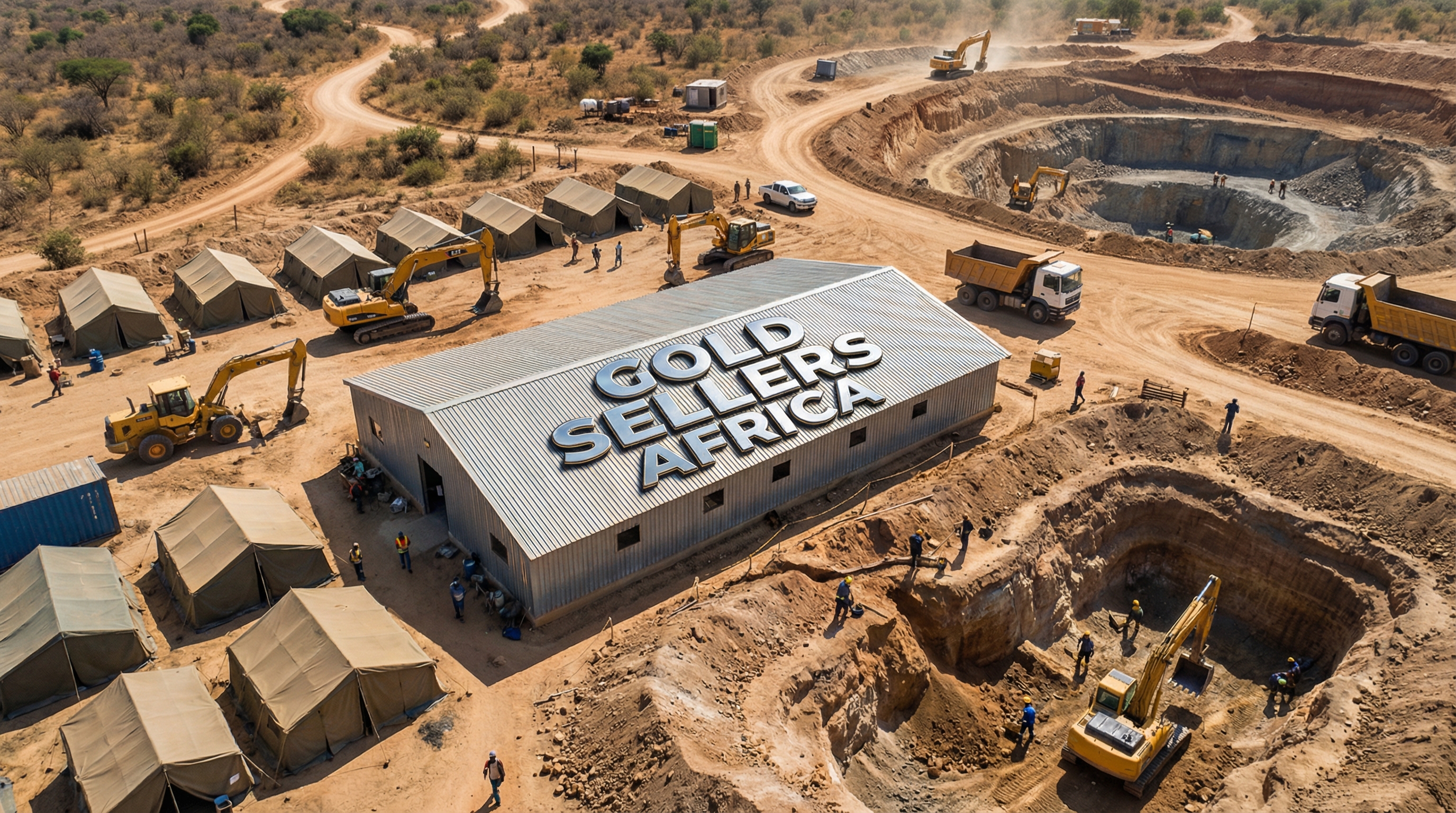 Aerial shot of a gold mining camp in Zambia with tents machinery and African miners working