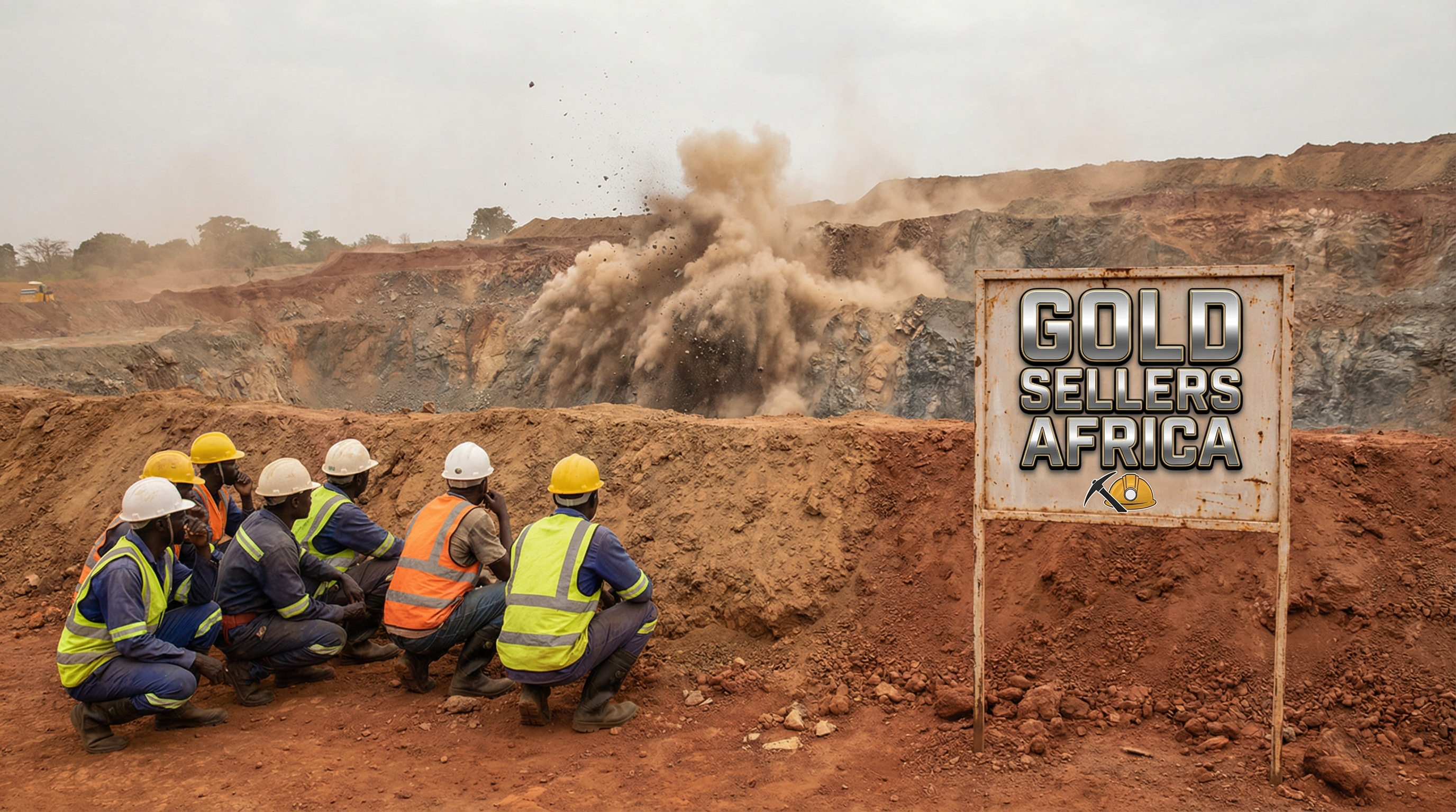 Controlled blast in a gold mine in Uganda with African miners taking cover as dust erupts