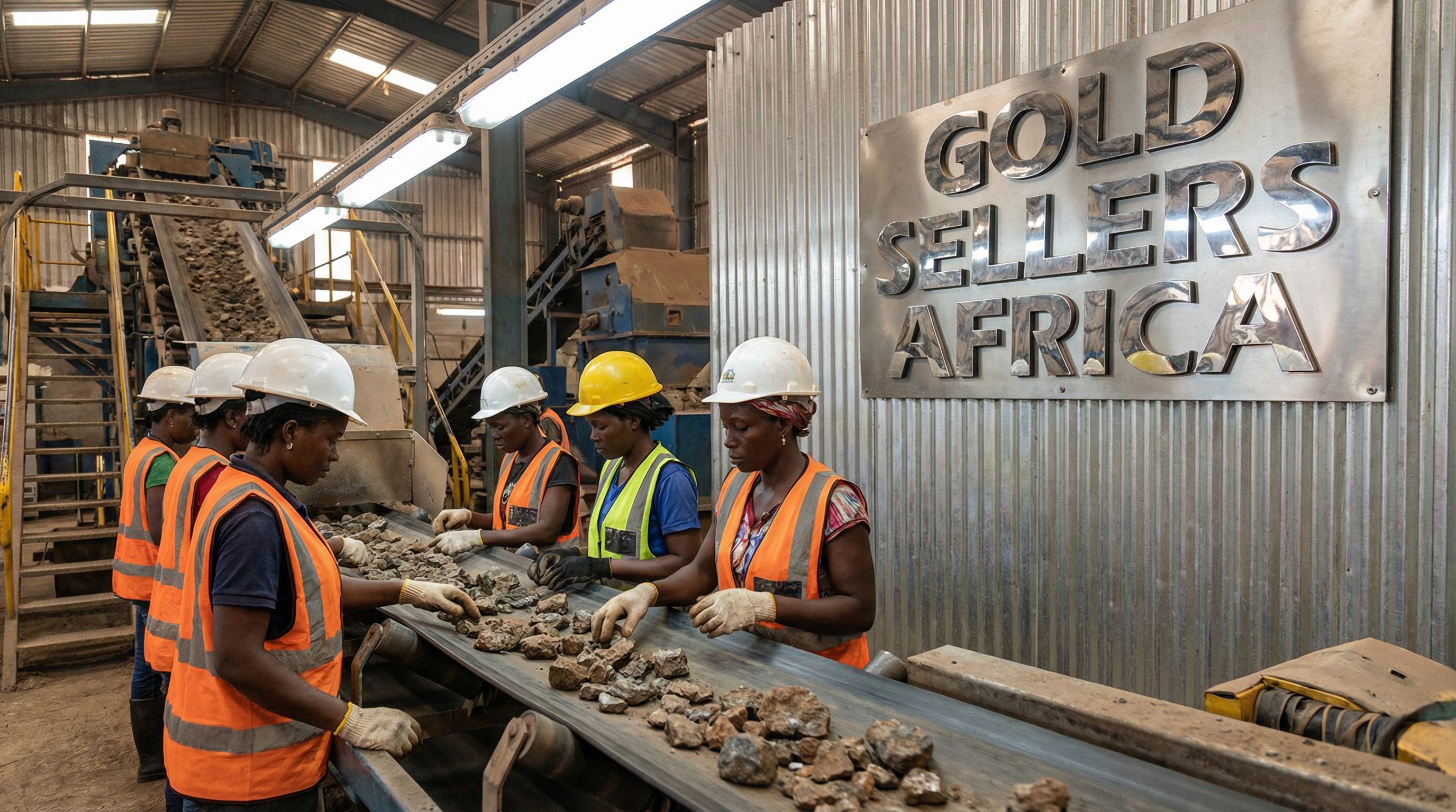 African women miners sorting ore on conveyor belts in a mining facility in Nigeria