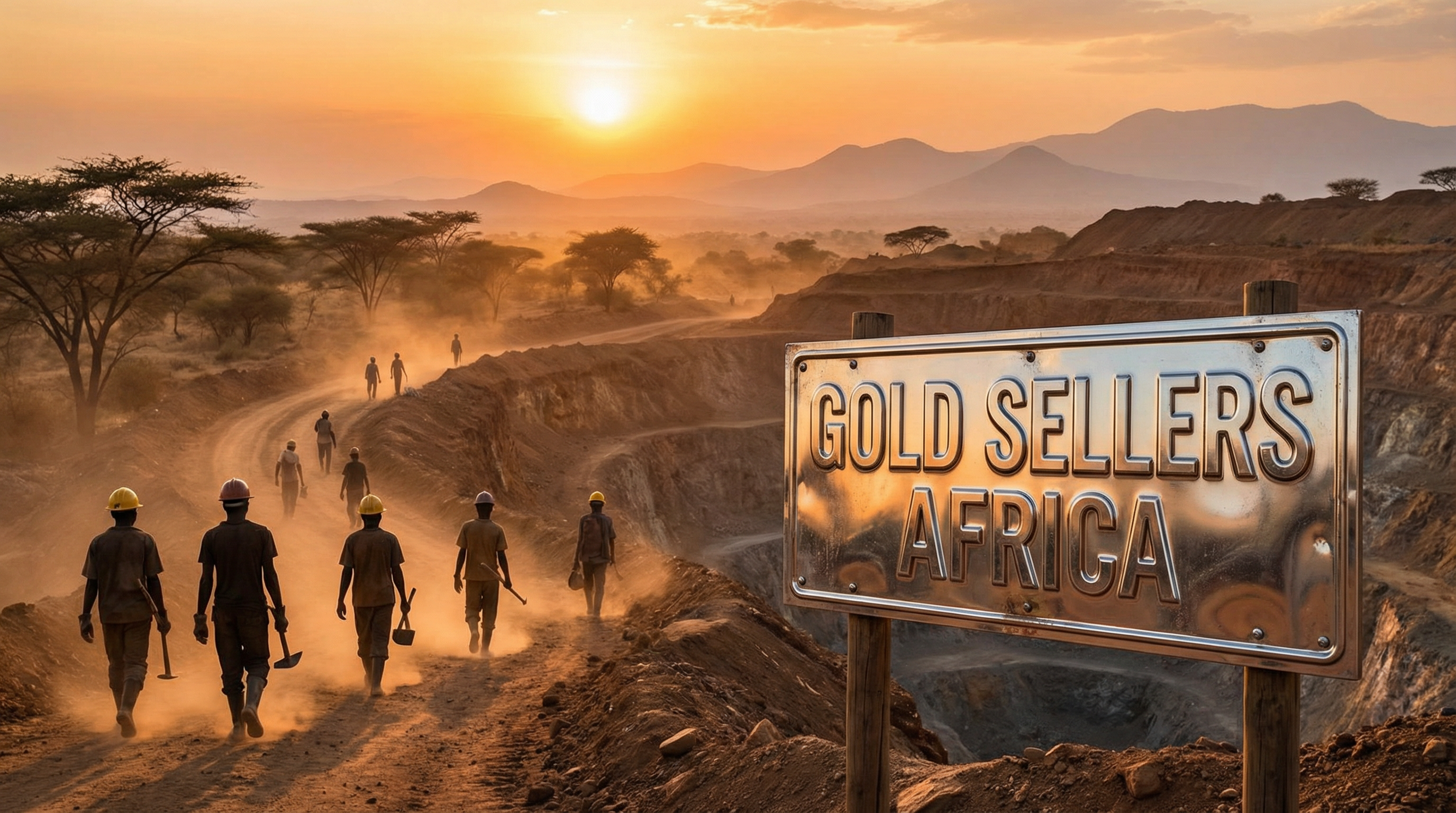 Sunset over a gold mine in Ethiopia with African miners walking along a dusty path silhouetted against sky