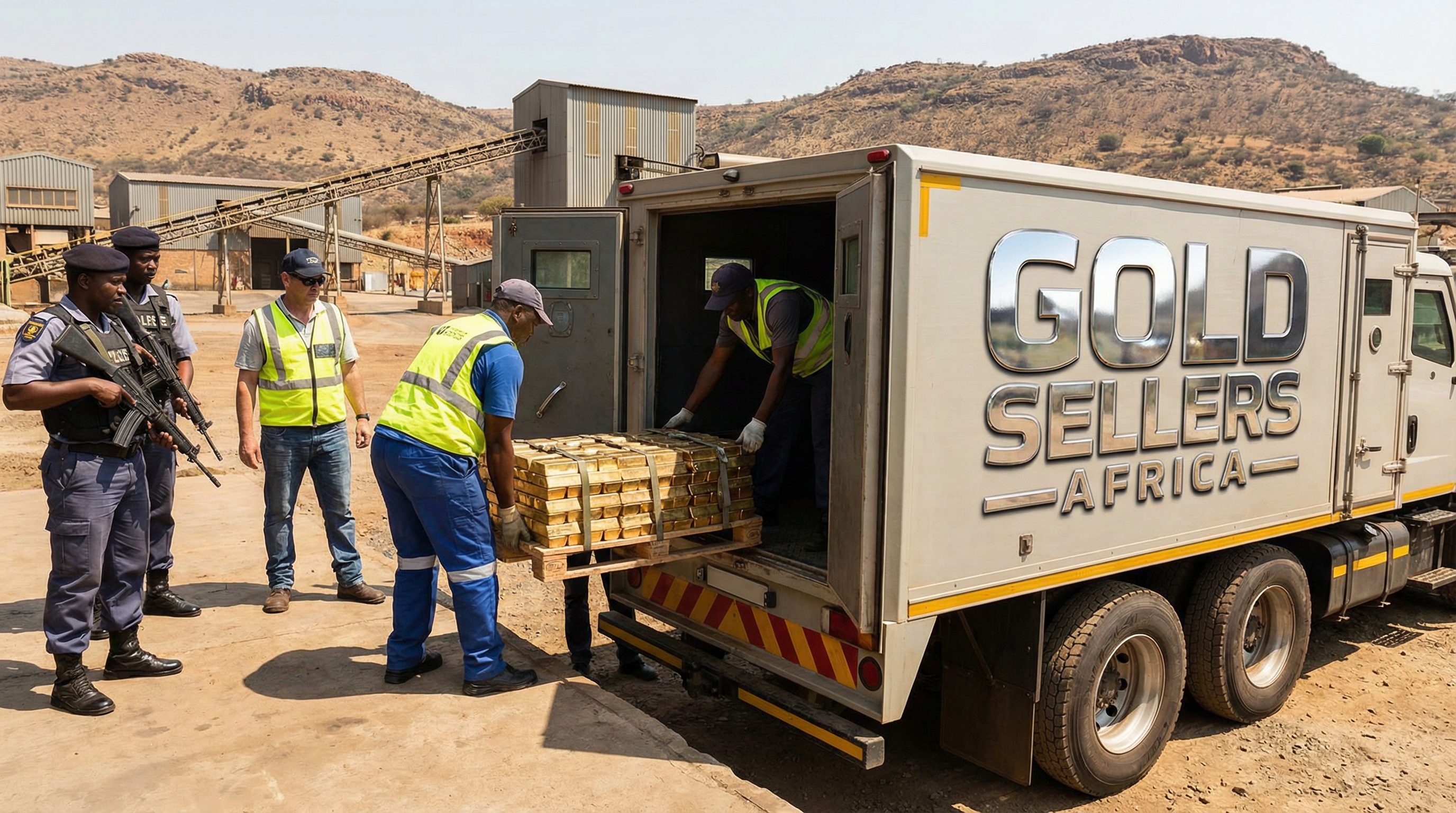 Secured gold bars being loaded into an armored truck at a refinery in South Africa with African security guards