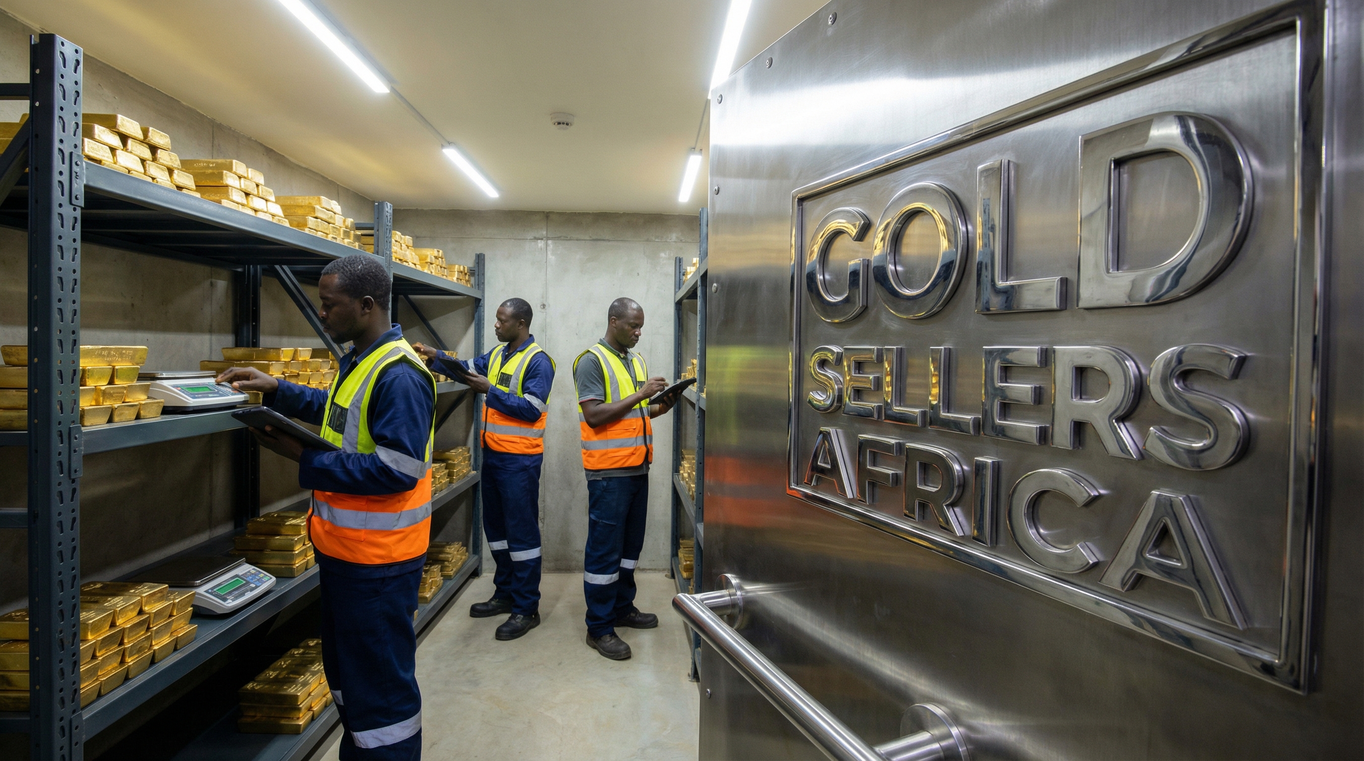Inside a high-security vault in Ghana with African workers conducting inventory of gold bars