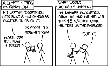 An illustration showing a cryptonerd's fantasy of building unbreakable enryption versus the reality: someone hitting the cryptonerd with a $5 wrench until she reveals the password