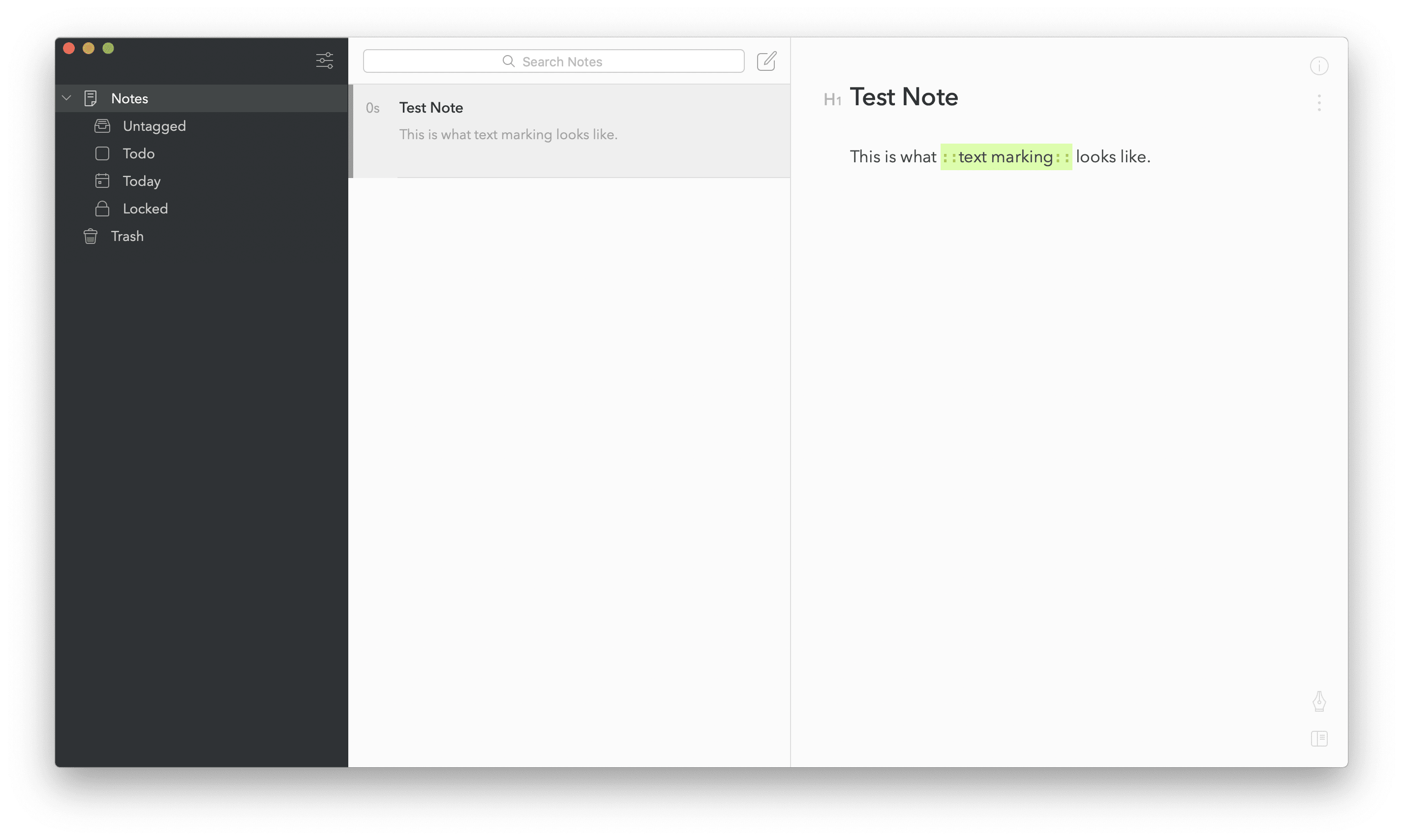 Eine Testnotiz in Bear