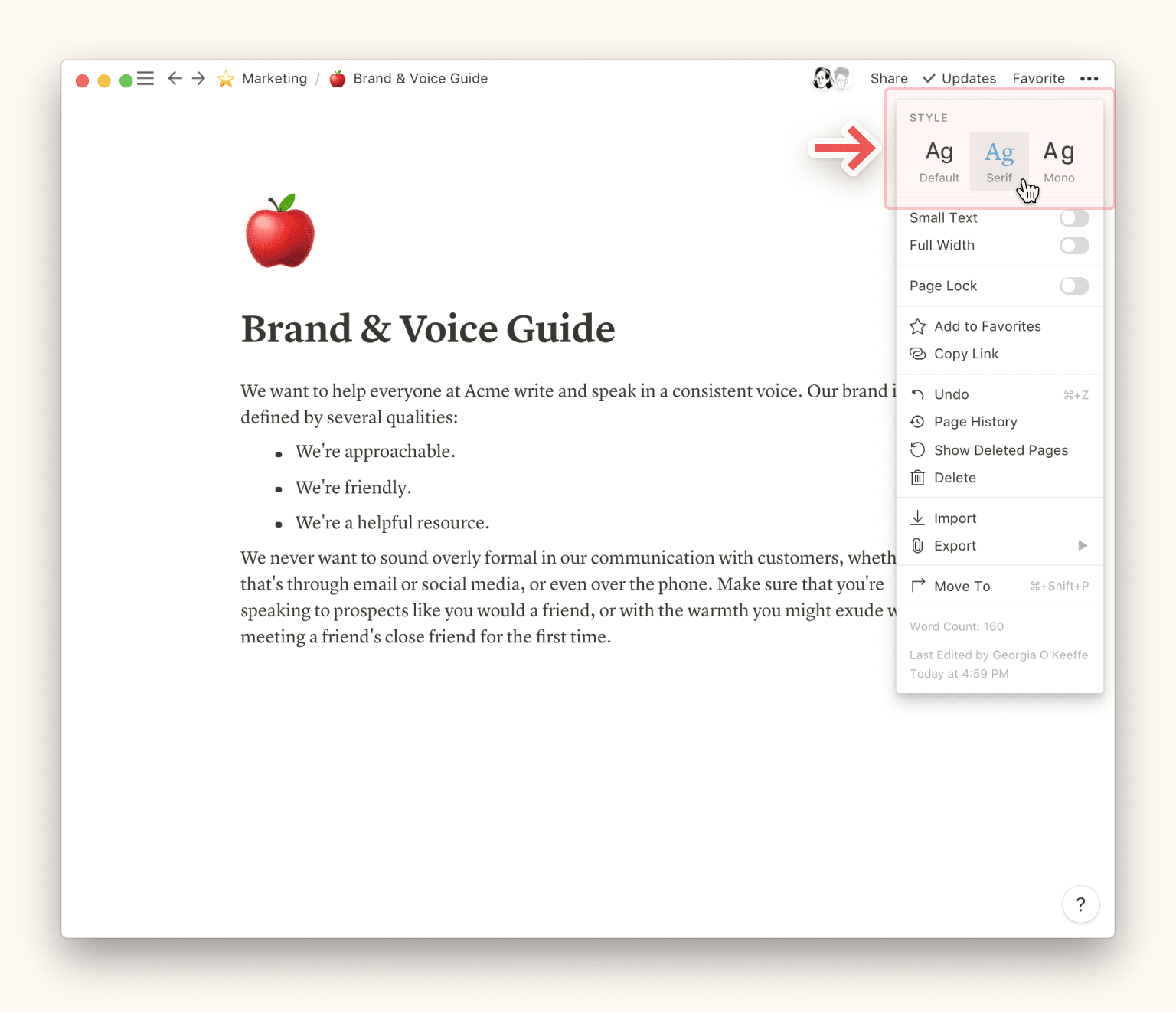 Styling-Optionen in Notion