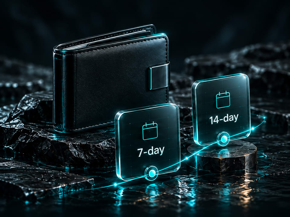 Dark wallet with illuminated 7-day and 14-day payout calendars