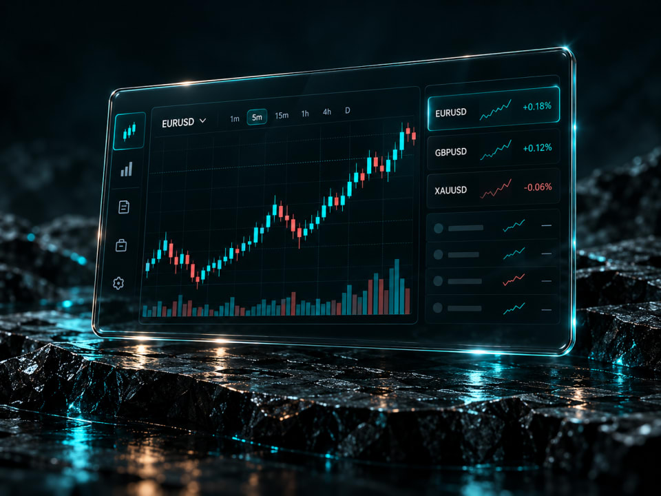 Conceptual trading-platform illustration with a candlestick chart and market watchlist