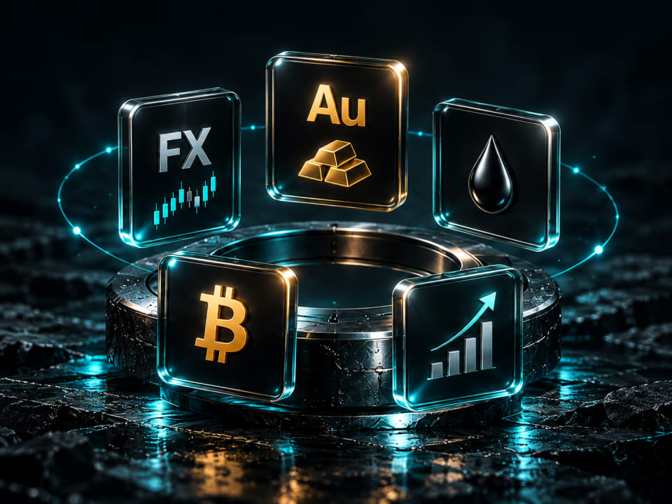 Five glass market symbols for forex, metals, energies, crypto and indices
