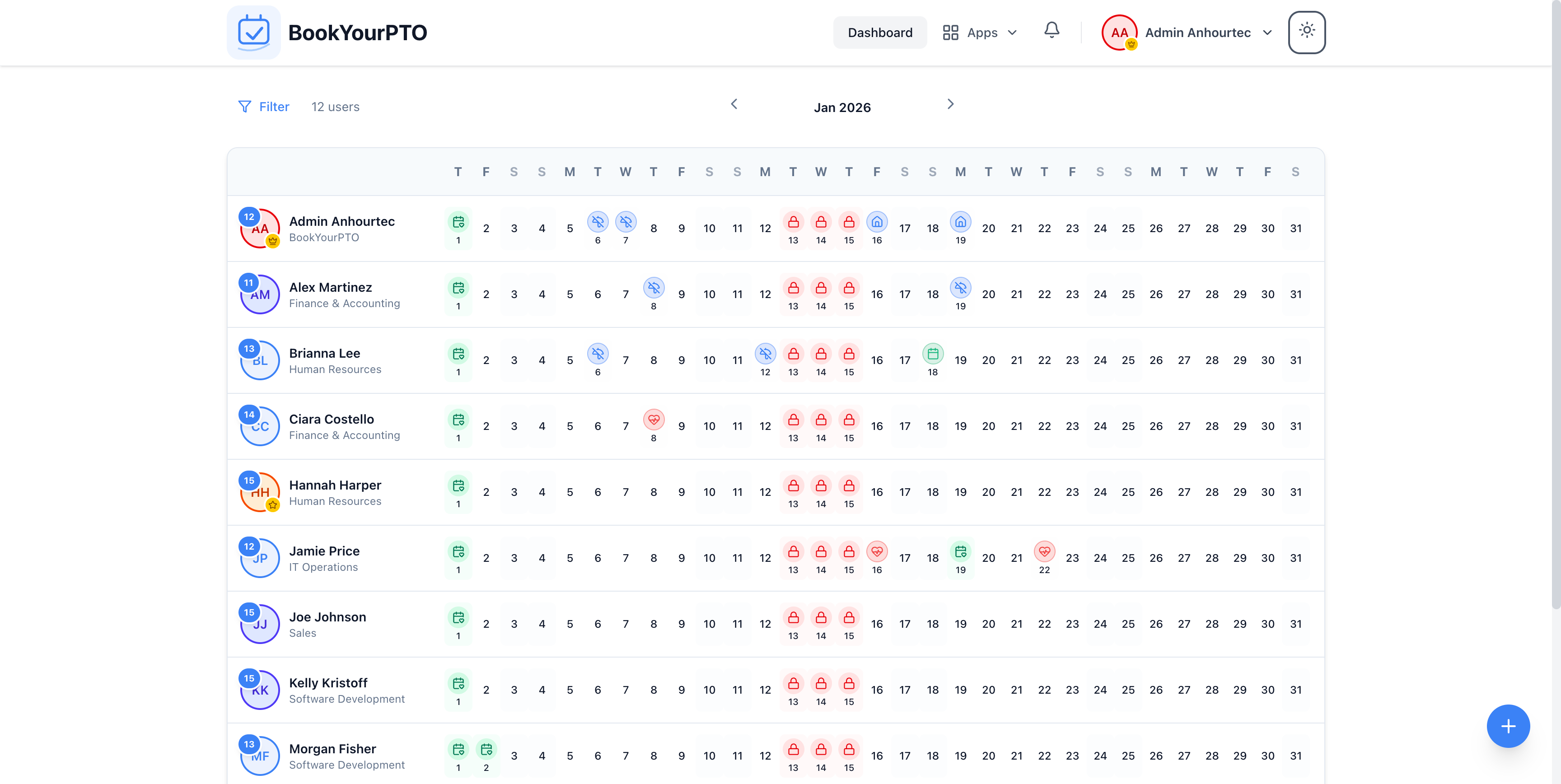 Interactive calendar view showing team leave schedule