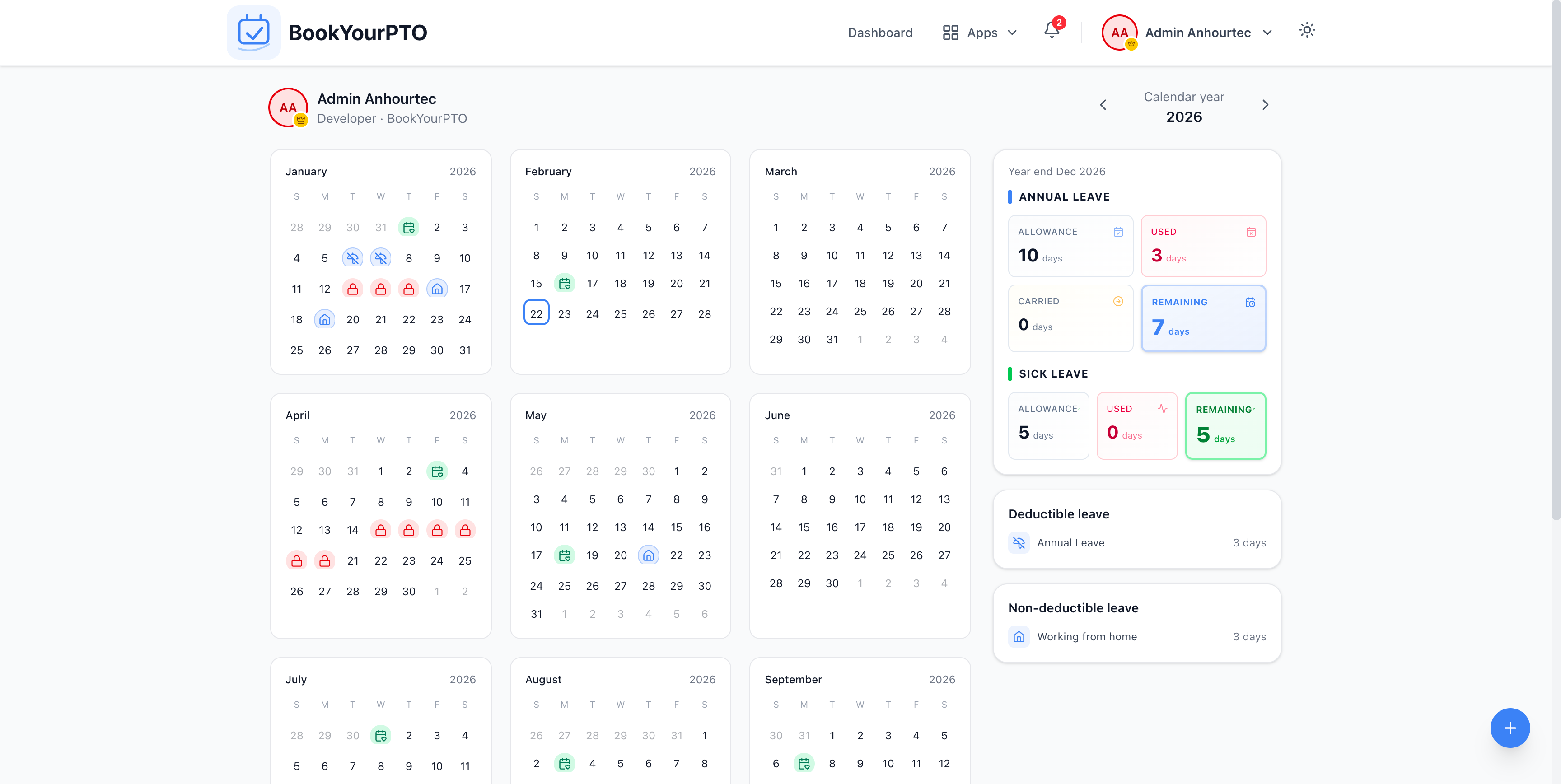 Interactive calendar view showing team leave schedule with color-coded leave types