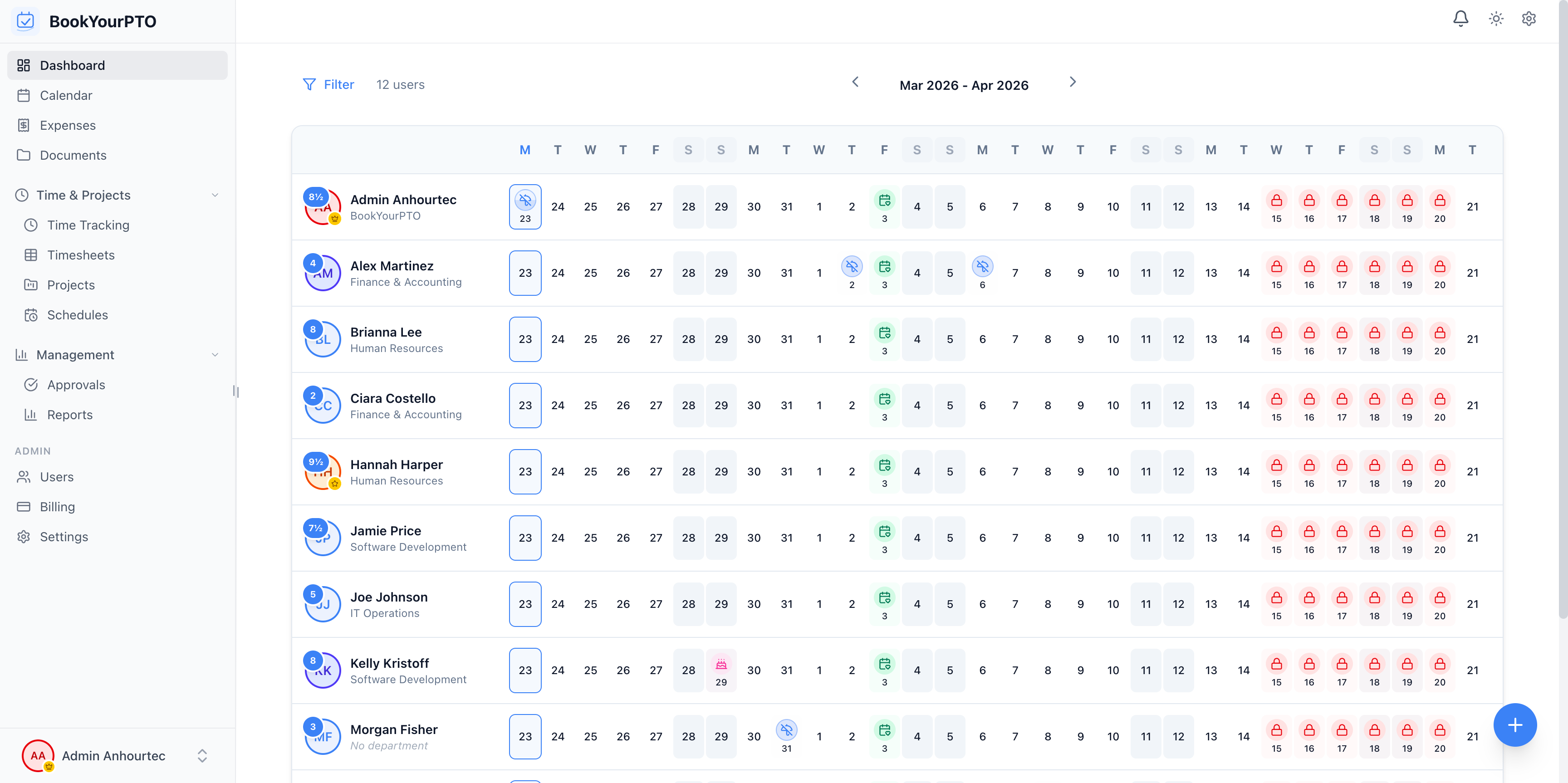 BookYourPTO Dashboard — Team leave calendar with approvals and availability