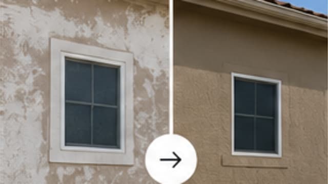 Faded and freshly painted stucco home exterior