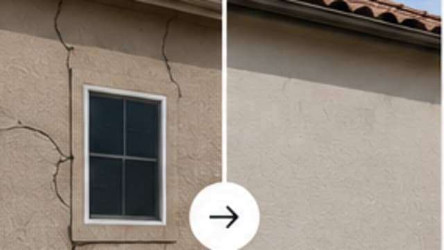 Cracked and repaired stucco wall comparison