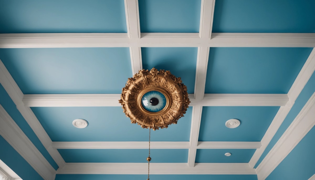 Eye-level view of a beautifully painted ceiling featuring soft blue tones