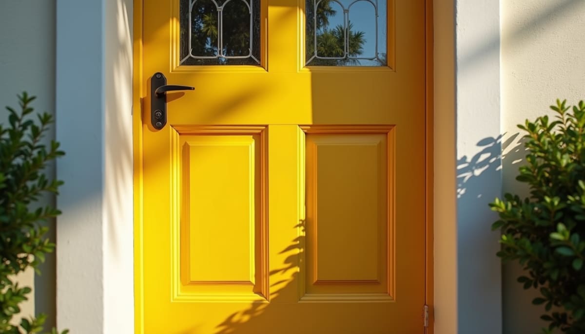 Eye-level view of a charming front door painted in vibrant yellow