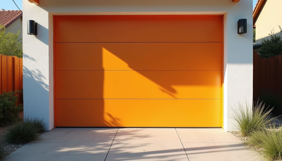 Eye-level view of a freshly painted garage door in vibrant shade