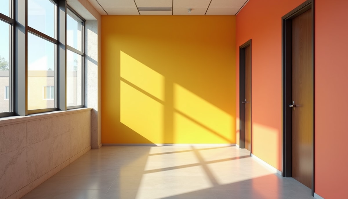 Eye-level view of freshly painted office interior with bright colors