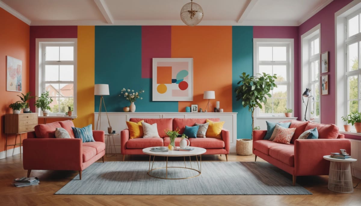 Eye-level view of a colorful living room with freshly painted walls
