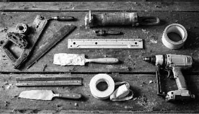 Essential tools for drywall repair laid out on a workbench.