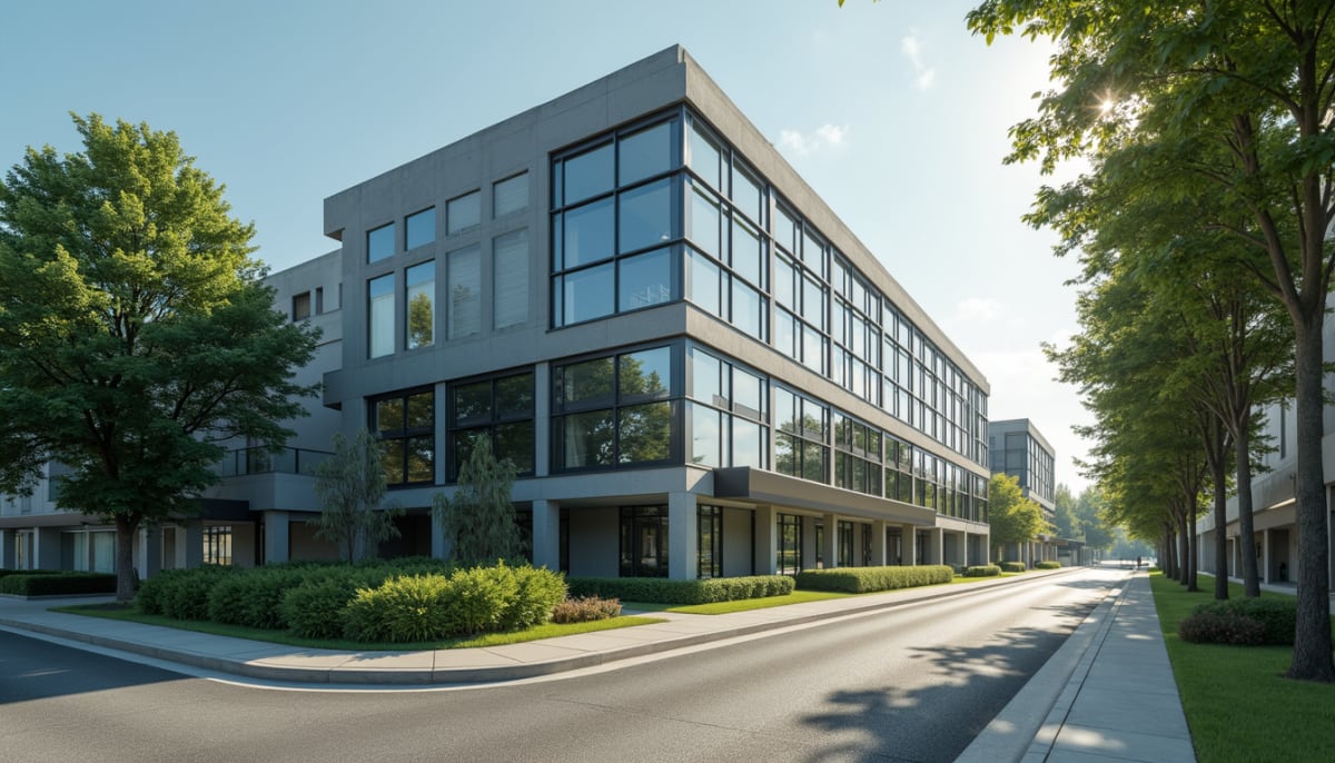 High angle view of a well-maintained office building exterior