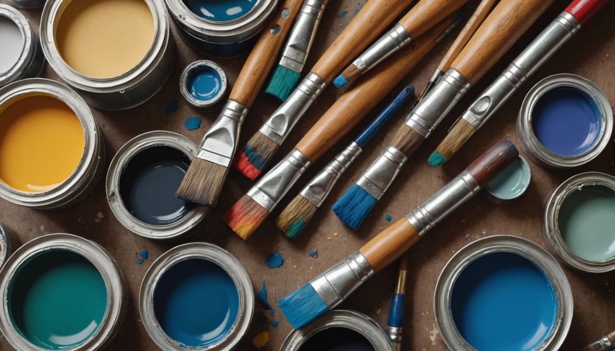 Close-up view of a painter's tools and freshly selected paint colors