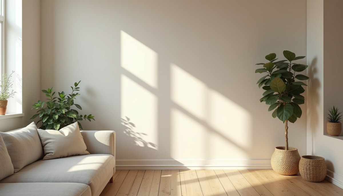 Close-up view of freshly painted walls in a cozy living room