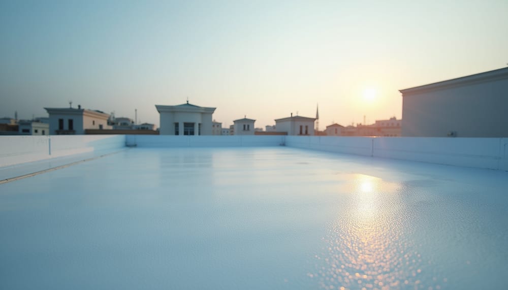 Eye-level view of a rooftop with a fresh coat of protective roof membrane
