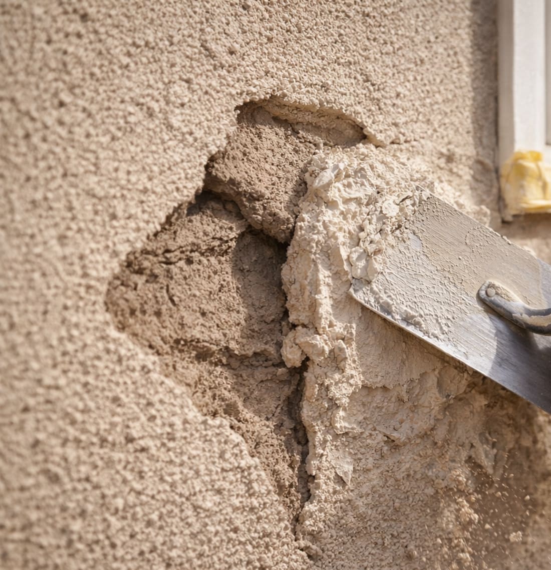 Professional stucco repair technician working on an exterior wall in St. George Utah